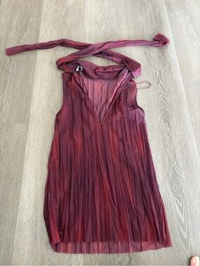 Zara Deep Plum sheer Pleated top with‎ scarf attached